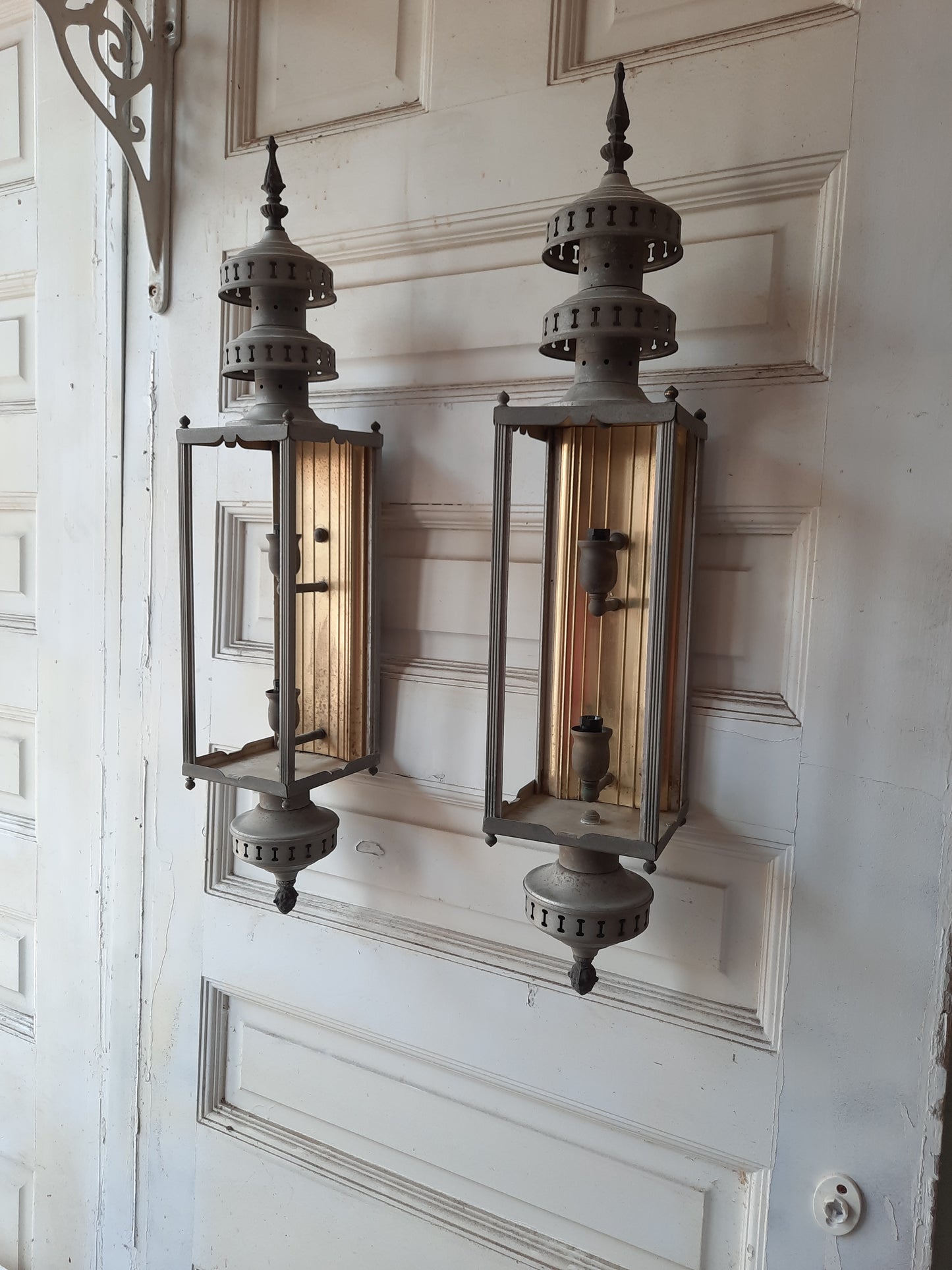 Mid Century Large Vintage Sconces, Pair of Silver Metal and Gold Tone Vintage Wall Sconces