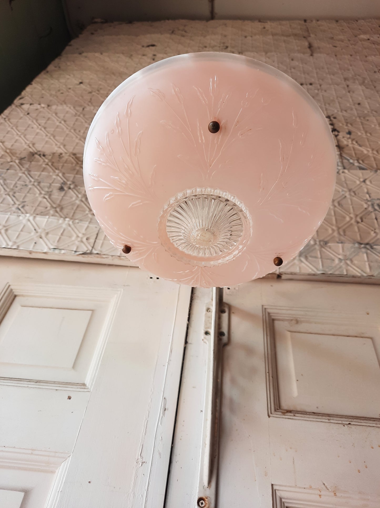 Vintage Three Chain Pink Glass Light Fixture, Semi Flush Vintage Molded Pink Shade Light