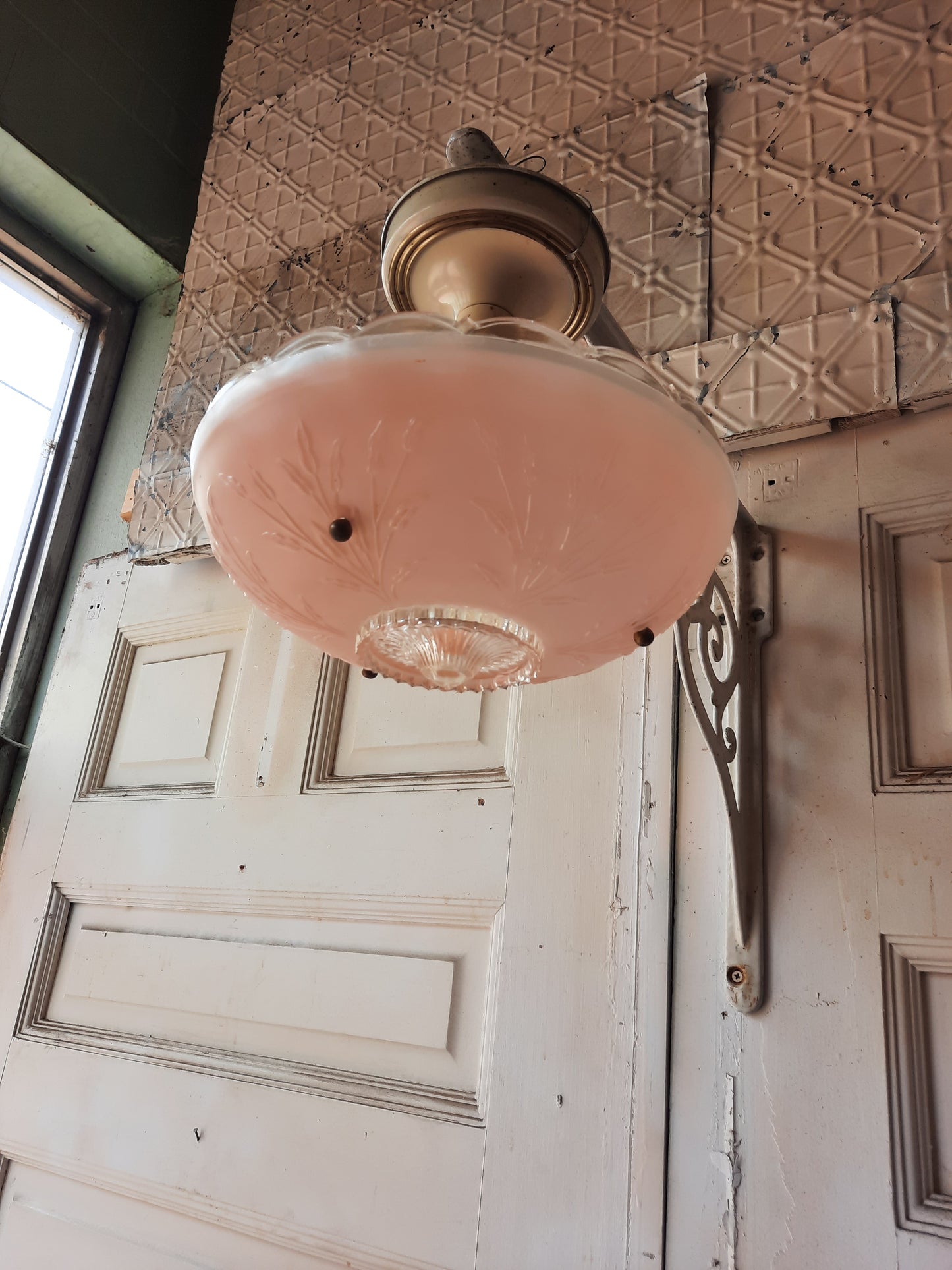 Vintage Three Chain Pink Glass Light Fixture, Semi Flush Vintage Molded Pink Shade Light