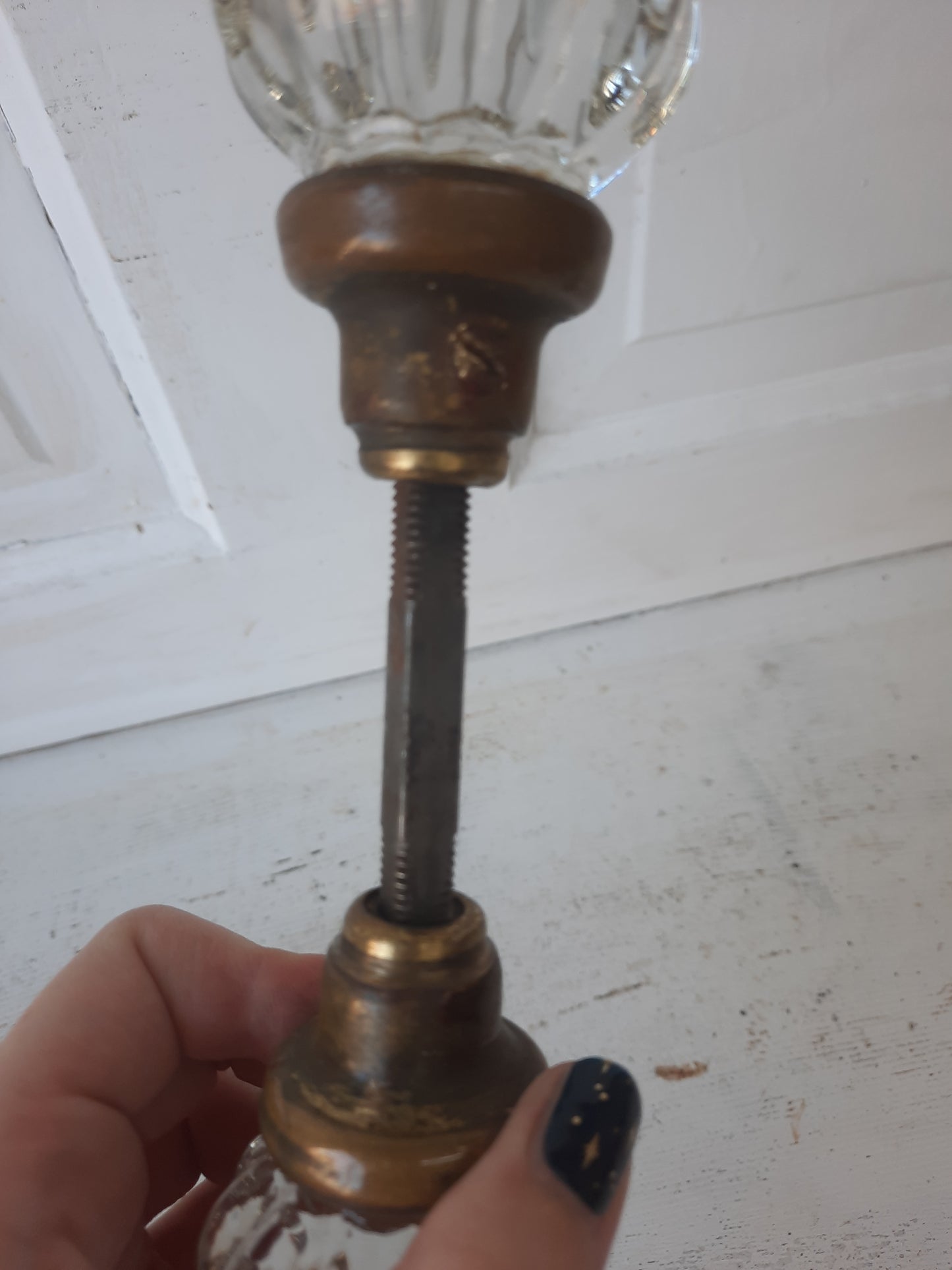 Twelve Point Antique Glass Doorknob Set, Crystal Door Knob Pair with Brass Shanks
