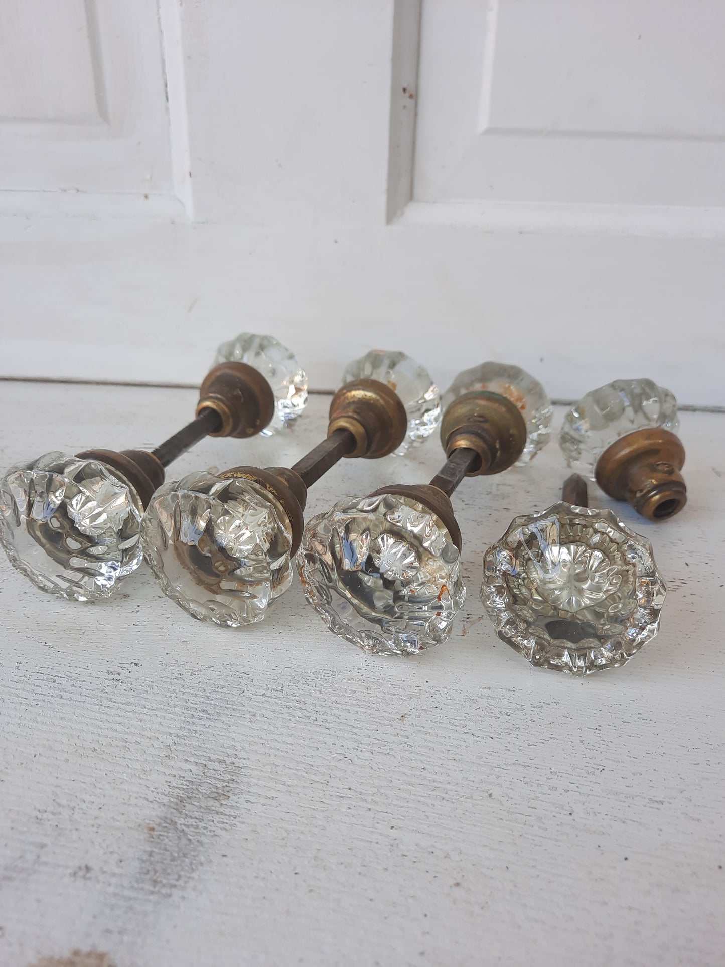 Twelve Point Antique Glass Doorknob Set, Crystal Door Knob Pair with Brass Shanks