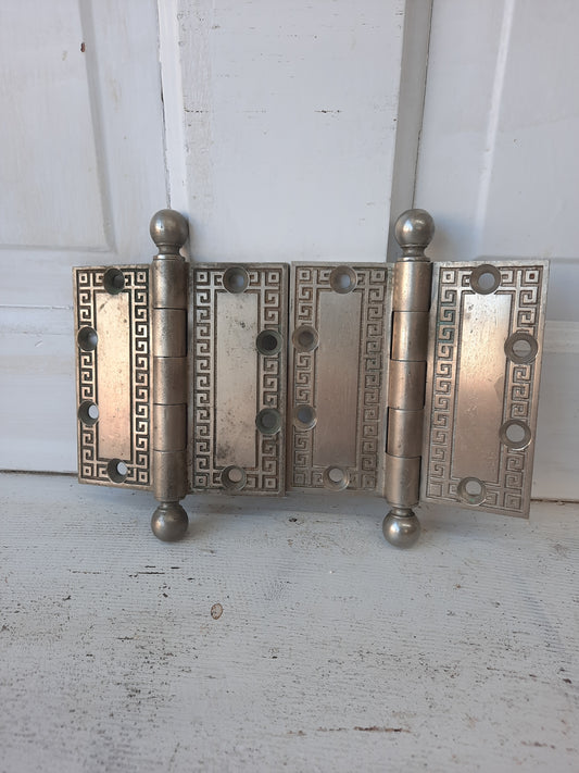 Solid Yale Silver Antique Hinges, Ornate 4 1/2" Hinges Greek Key Pattern 072702