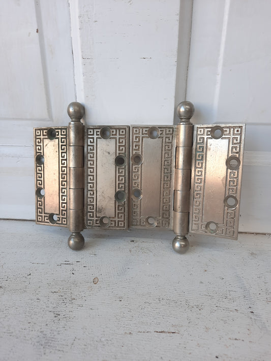 Solid Yale Silver Antique Hinges, Ornate 4 1/2" Hinges Greek Key Pattern 072702