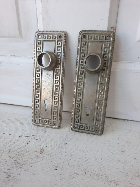 Yale Silver Antique Door Plates Set with Greek Key Design, Silver BackPlates or Escutcheons