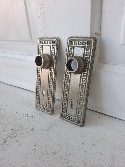 Yale Silver Antique Door Plates Set with Greek Key Design, Silver BackPlates or Escutcheons