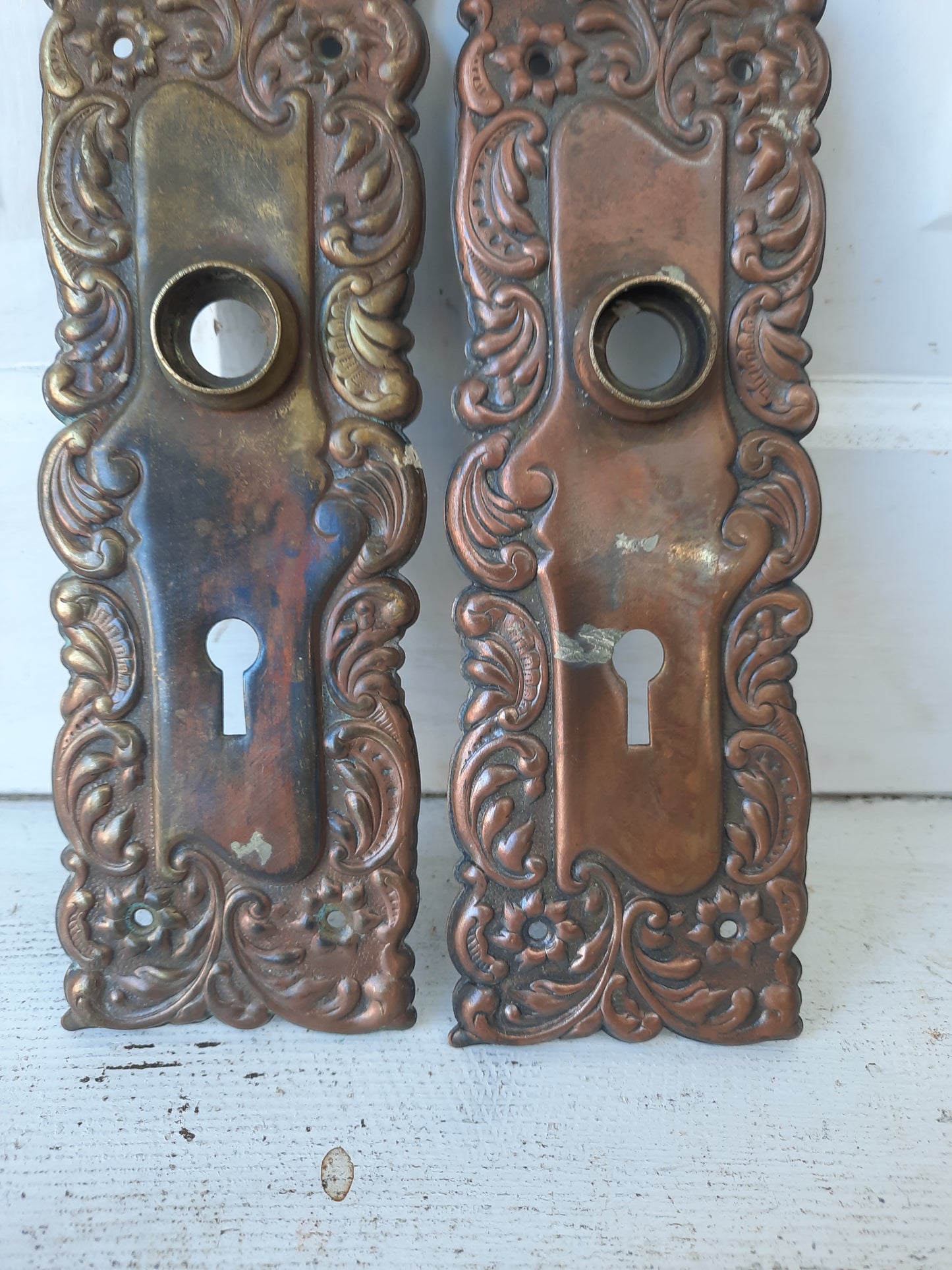 Eulalia Brass Backplate Pair, Set of Victorian Floral Pattern Doorknob Escutcheon Plates