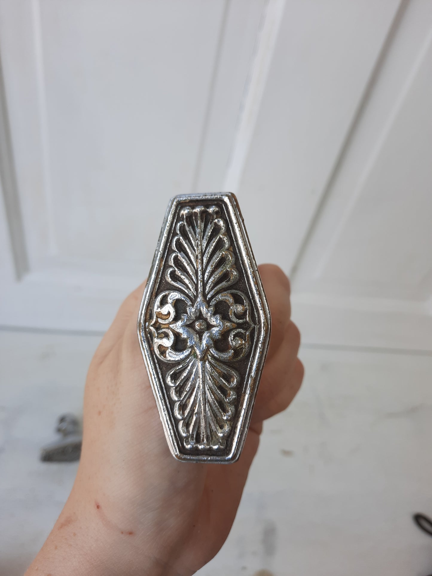 Pair of Waldorf Astoria Nickel-Plated Bronze Doorknobs, 1920s Coffin Shape Door Knobs 072712