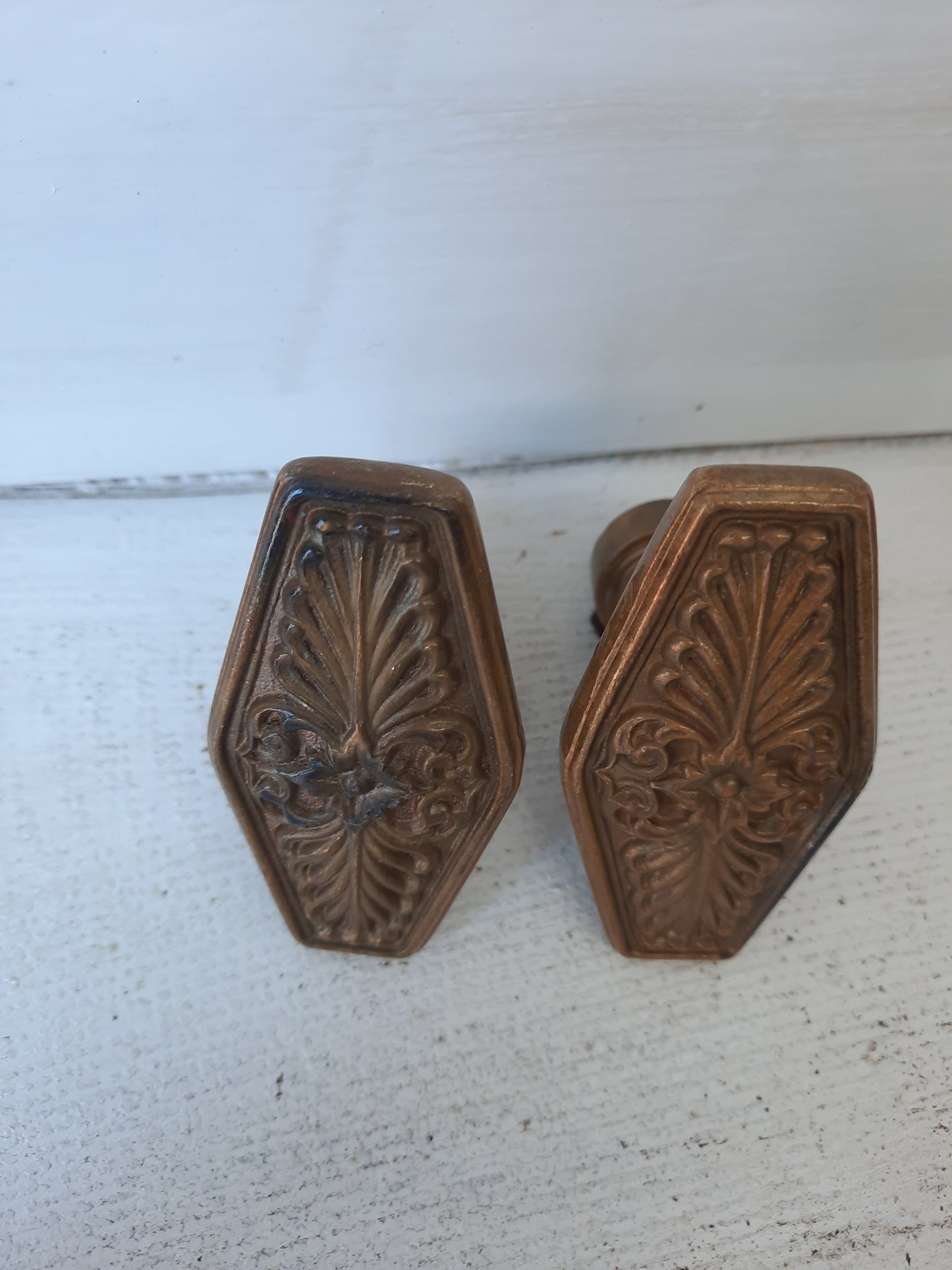Pair of Waldorf Astoria Bronze Doorknobs, 1920s Coffin Shape Door Knobs 072713