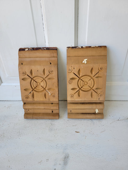 Two Antique Spoon Carved Plinth Blocks, Vintage Base Wood Trim Blocks #072903