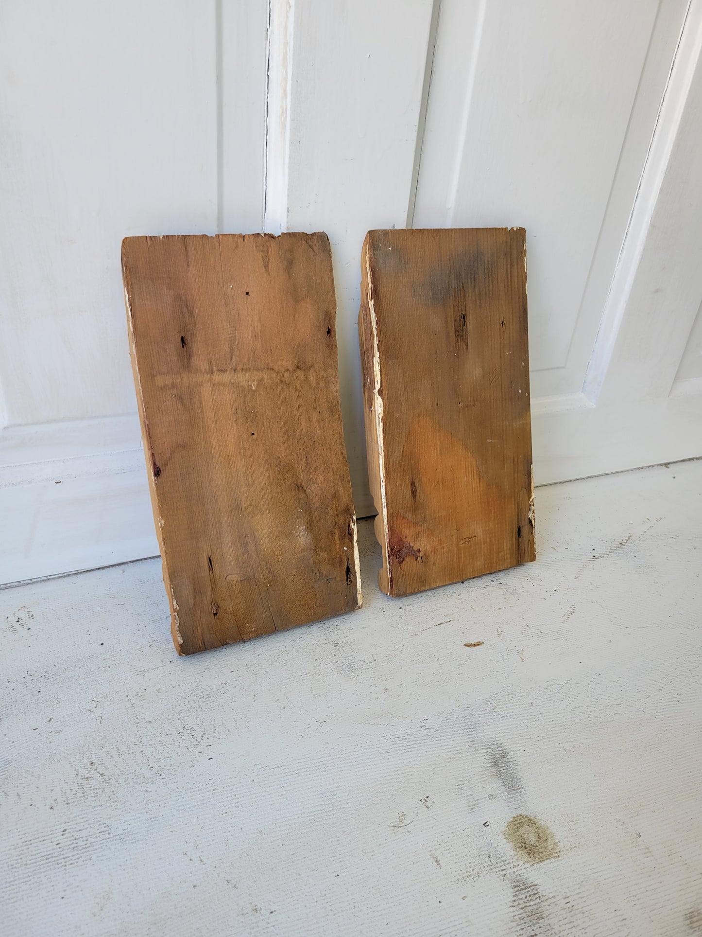 Two Antique Spoon Carved Plinth Blocks, Vintage Base Wood Trim Blocks #072903
