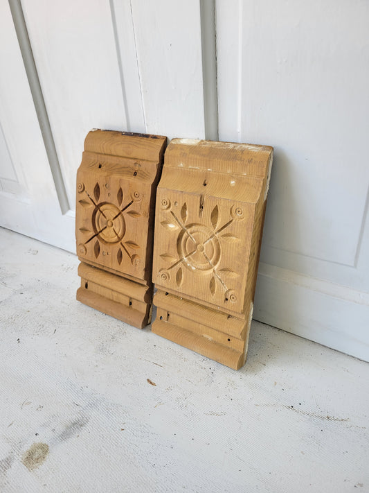 Set of Two Antique Spoon Carved Plinth Blocks, Vintage Base Wood Trim Blocks #072905