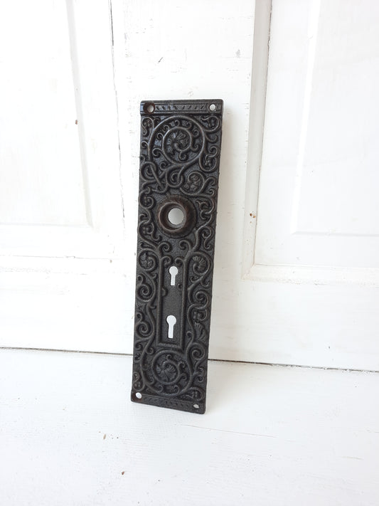 Large Antique Iron Entry Backplate, Ornate Double Keyhole Front Door Plate 080102