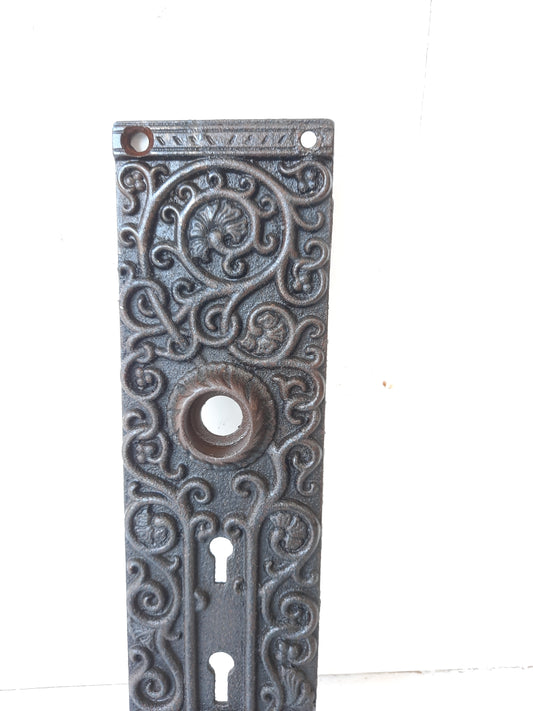 Large Antique Iron Entry Backplate, Ornate Double Keyhole Front Door Plate 080102