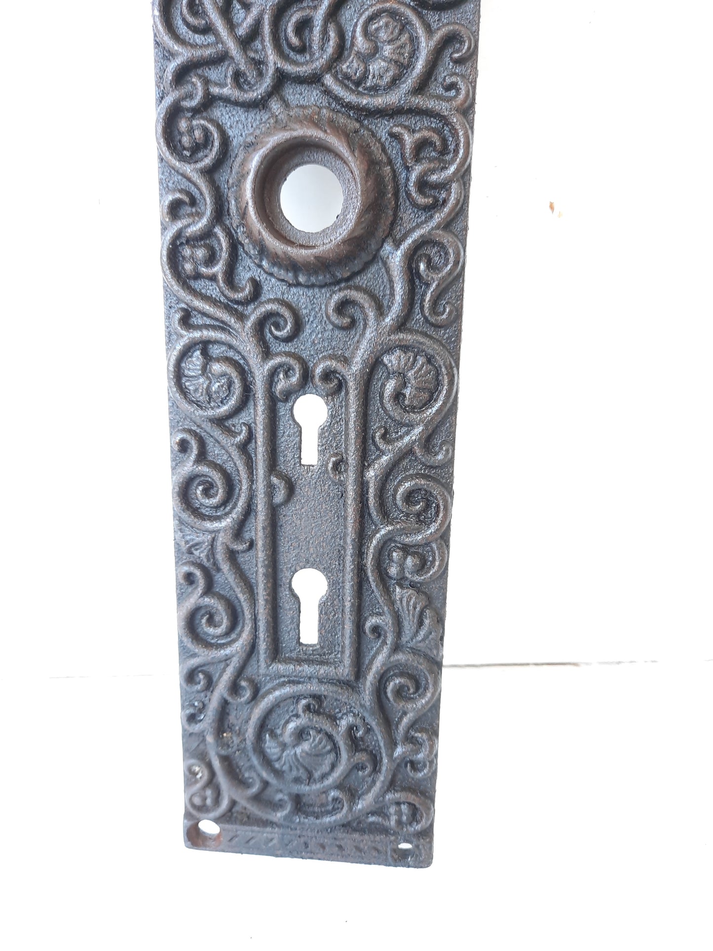 Large Antique Iron Entry Backplate, Ornate Double Keyhole Front Door Plate 080102