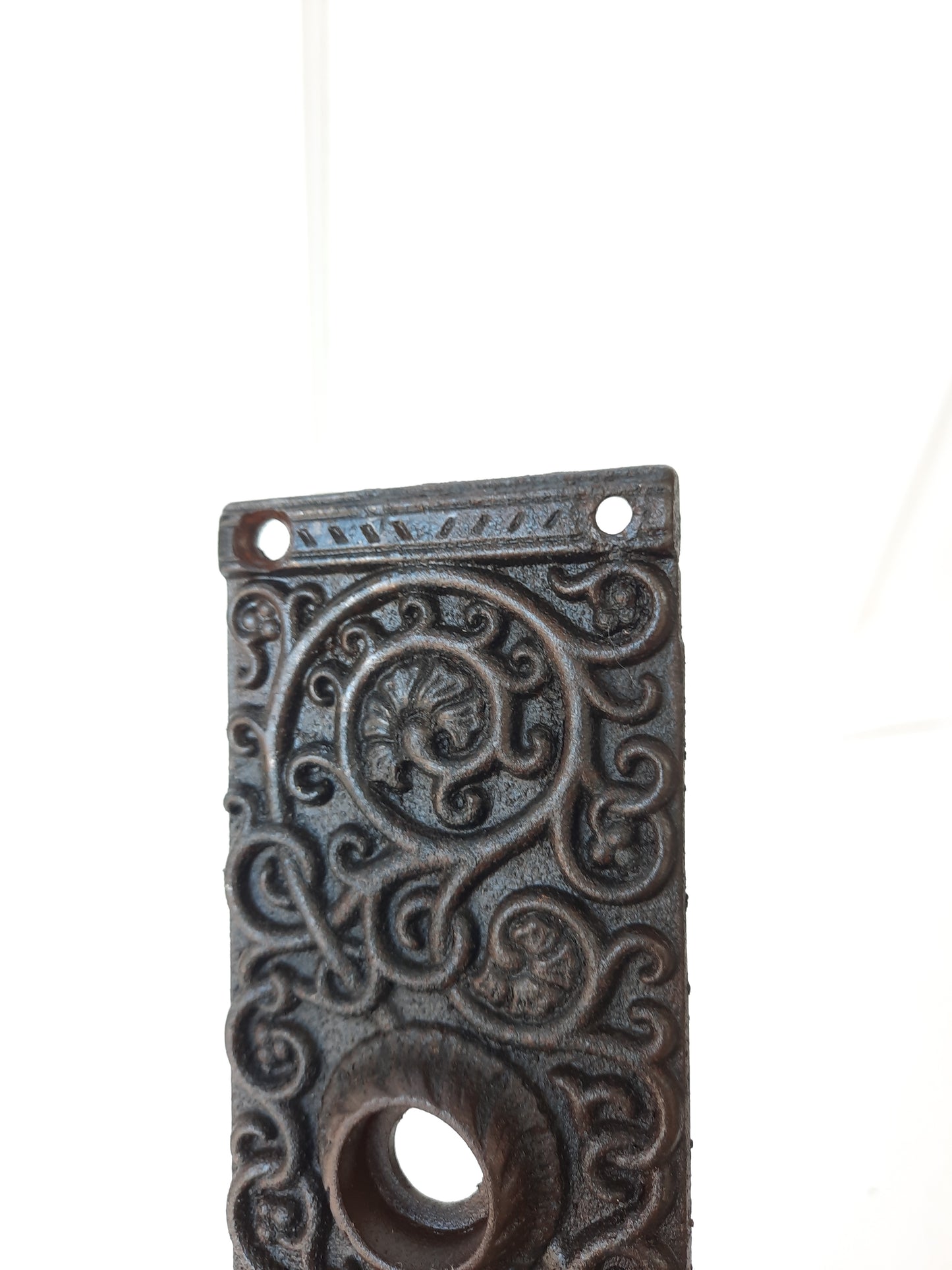 Large Antique Iron Entry Backplate, Ornate Double Keyhole Front Door Plate 080102