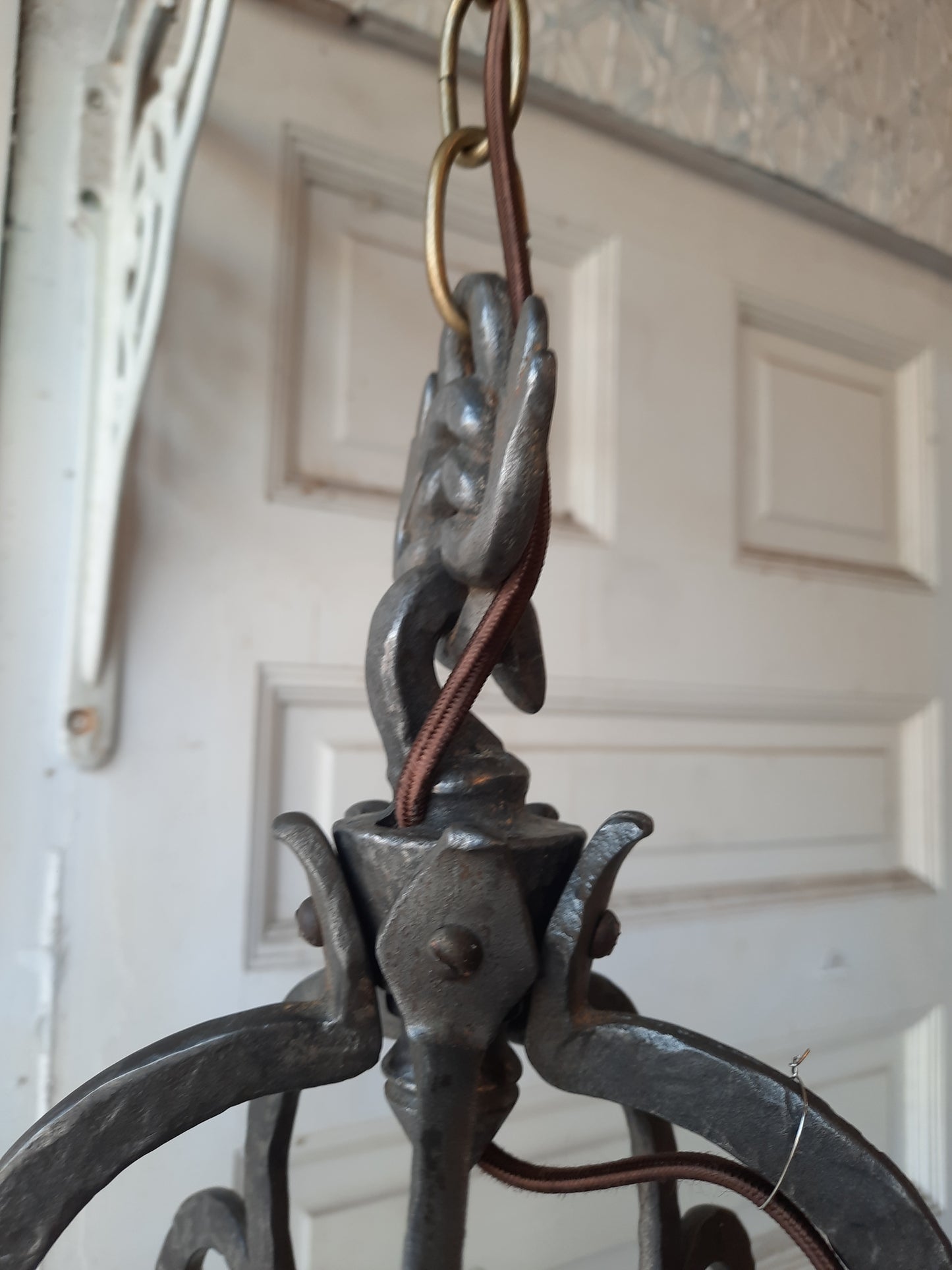 Gothic or Tudor Style Hammered Iron and Brass Vintage Chandelier