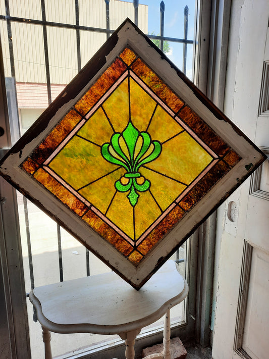 Antique Fleur de Lis Diamond Stained Glass Window, Green Brown Yellow Stained Glass