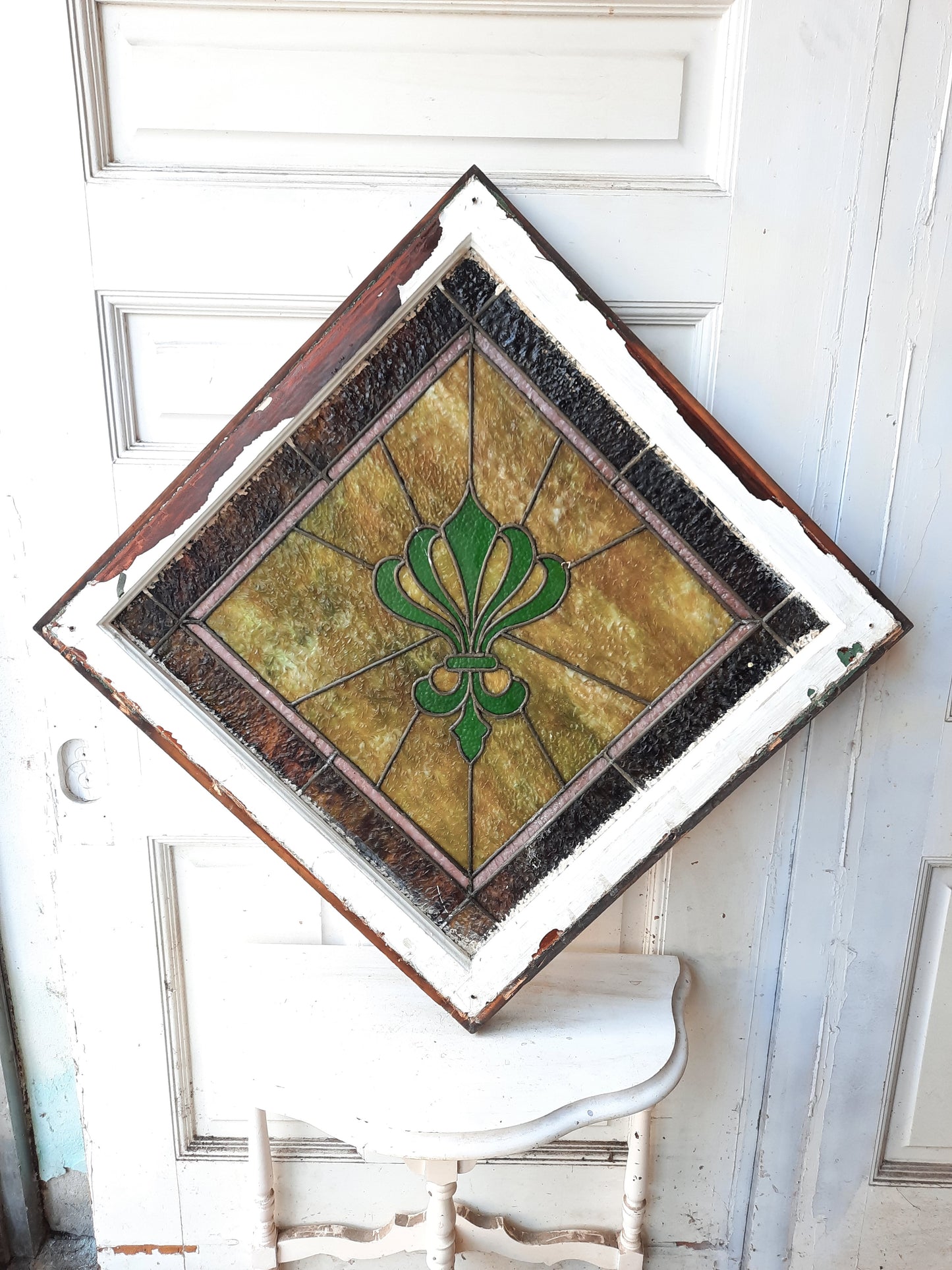 Antique Fleur de Lis Diamond Stained Glass Window, Green Brown Yellow Stained Glass