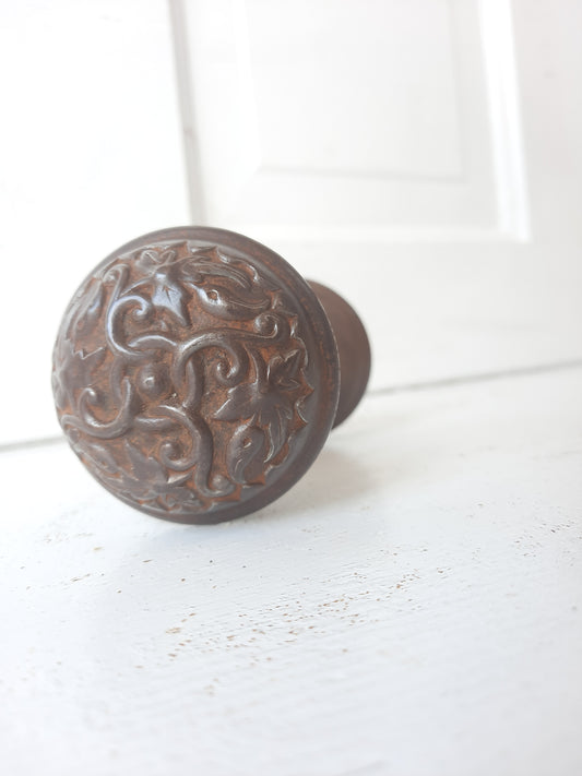 Pair of Victorian Wrought Steel Doorknobs, Fancy Antique Pair of Door Knobs 081005