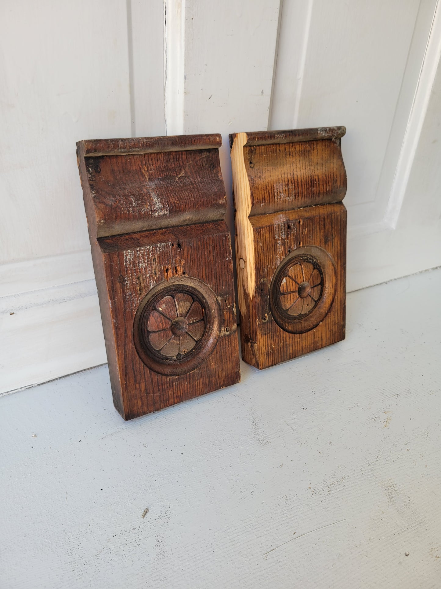 Two Antique Spoon Carved Plinth Blocks, Vintage Base Wood Trim Blocks #081701