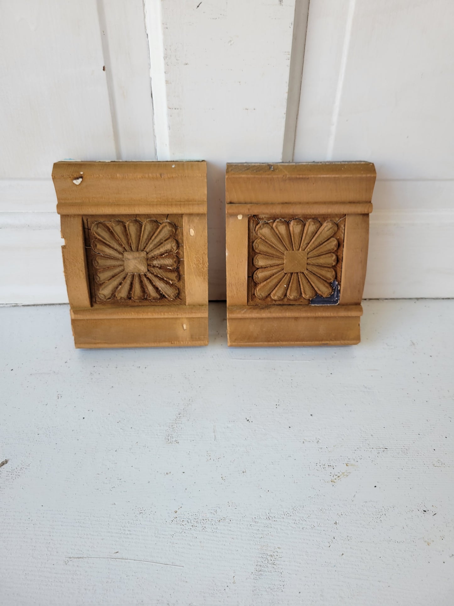 Two Antique Carved Plinth Blocks, Vintage Base Wood Trim Blocks #081701