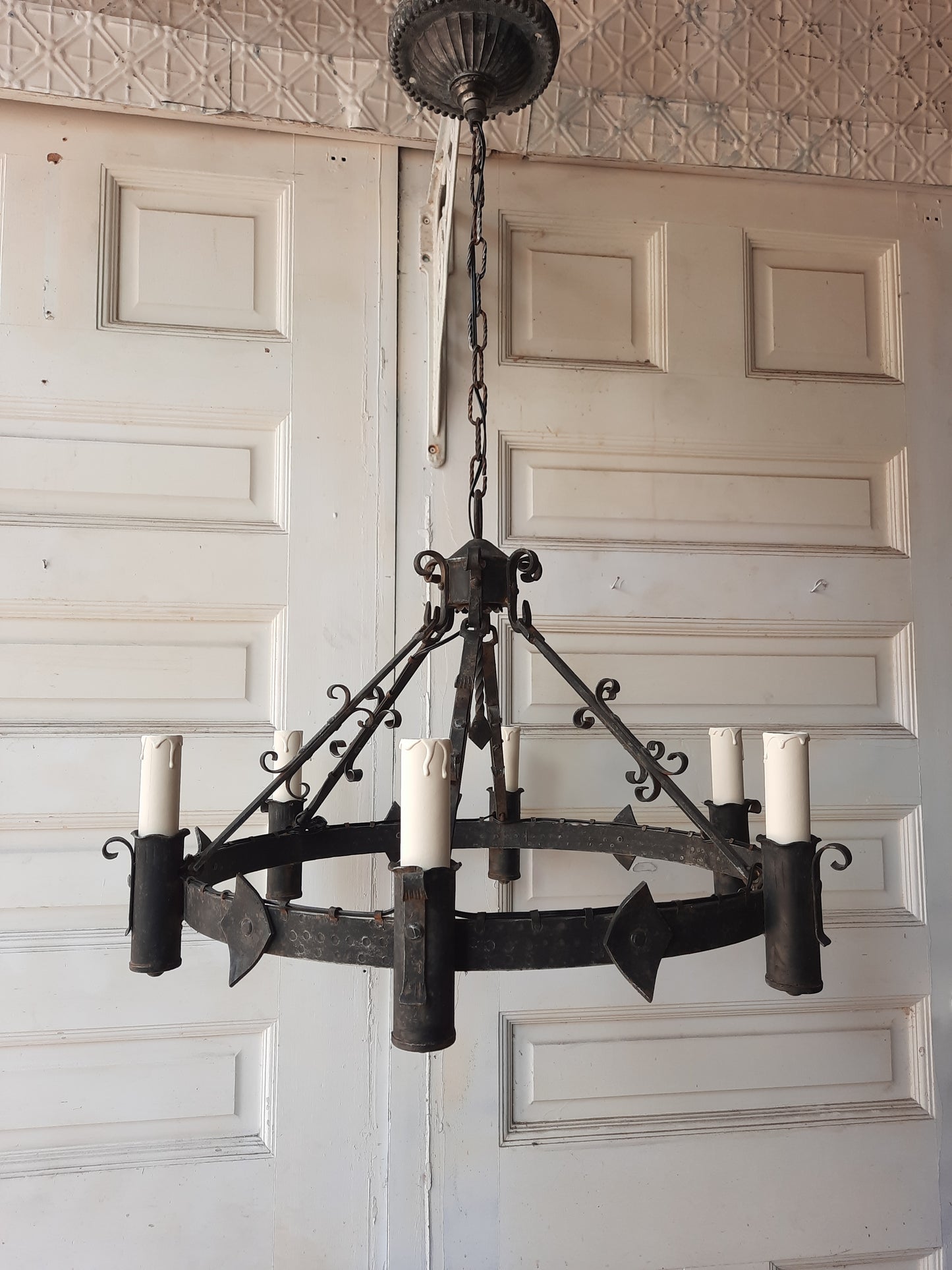 Iron Hoop Chandelier, Gothic Style or Tudor Style Hammer Iron Band Chandelier