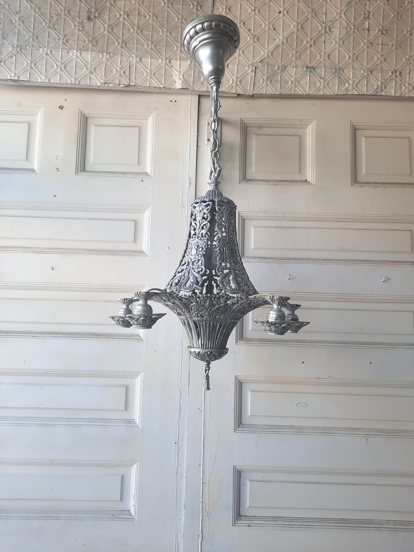 Pierced Metal Antique Chandelier in Pewter Finish, Aged Silver Riddle Style Chandelier