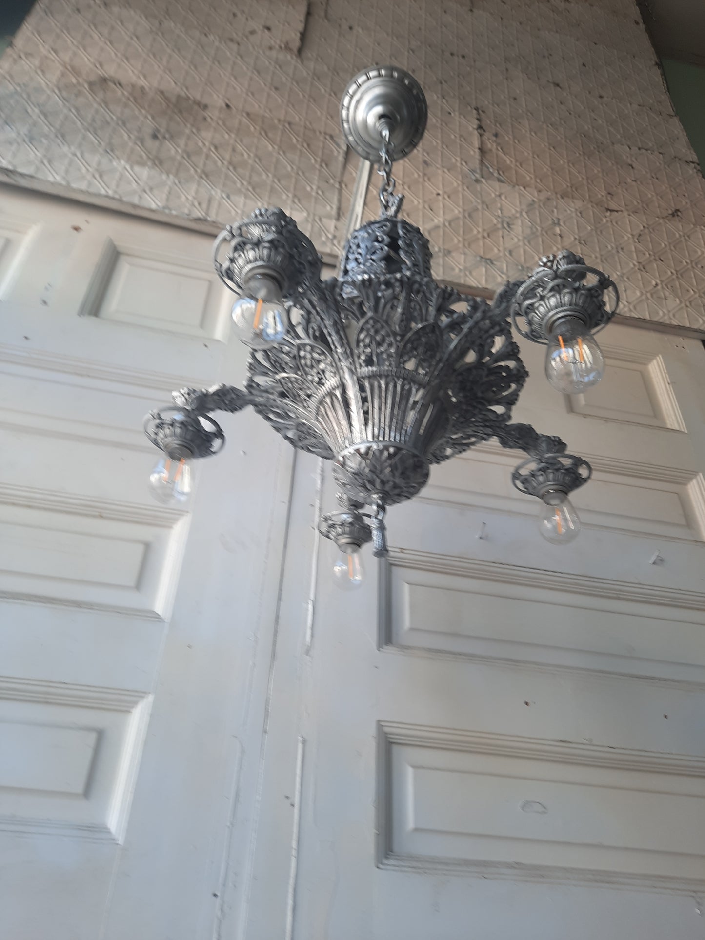 Pierced Metal Antique Chandelier in Pewter Finish, Aged Silver Riddle Style Chandelier