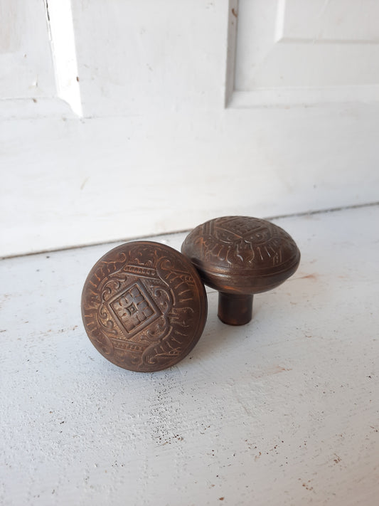 Wrought Steel Canton Doorknob by Corbin, Antique Eastlake Doorknob Set 082901
