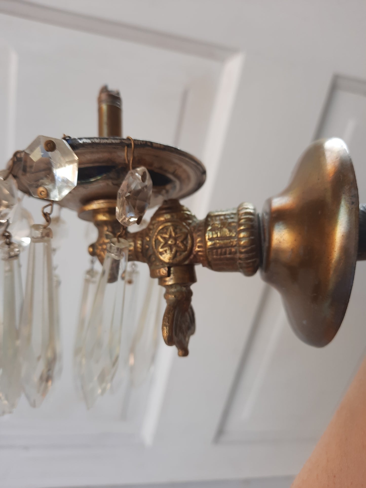 Antique Brass and Crystal Prism Gas Scone Fixture, Antique Gas Light Wall Sconce 082902