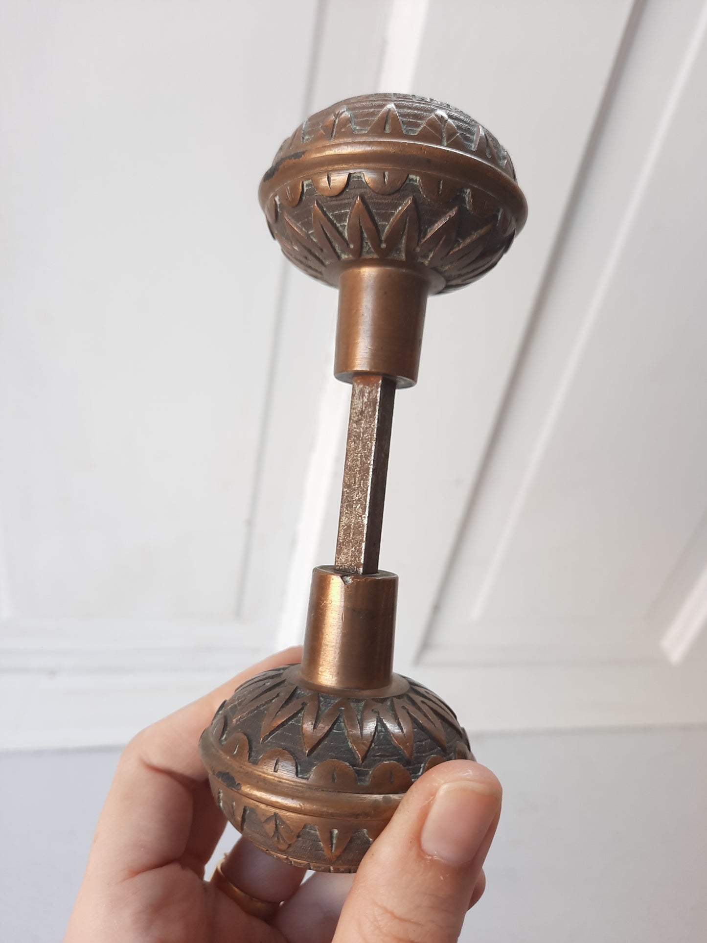 1885 Pair of Solid Bronze Norwalk Doorknobs, Victorian Eastlake Bronze Door Knob Set 082903