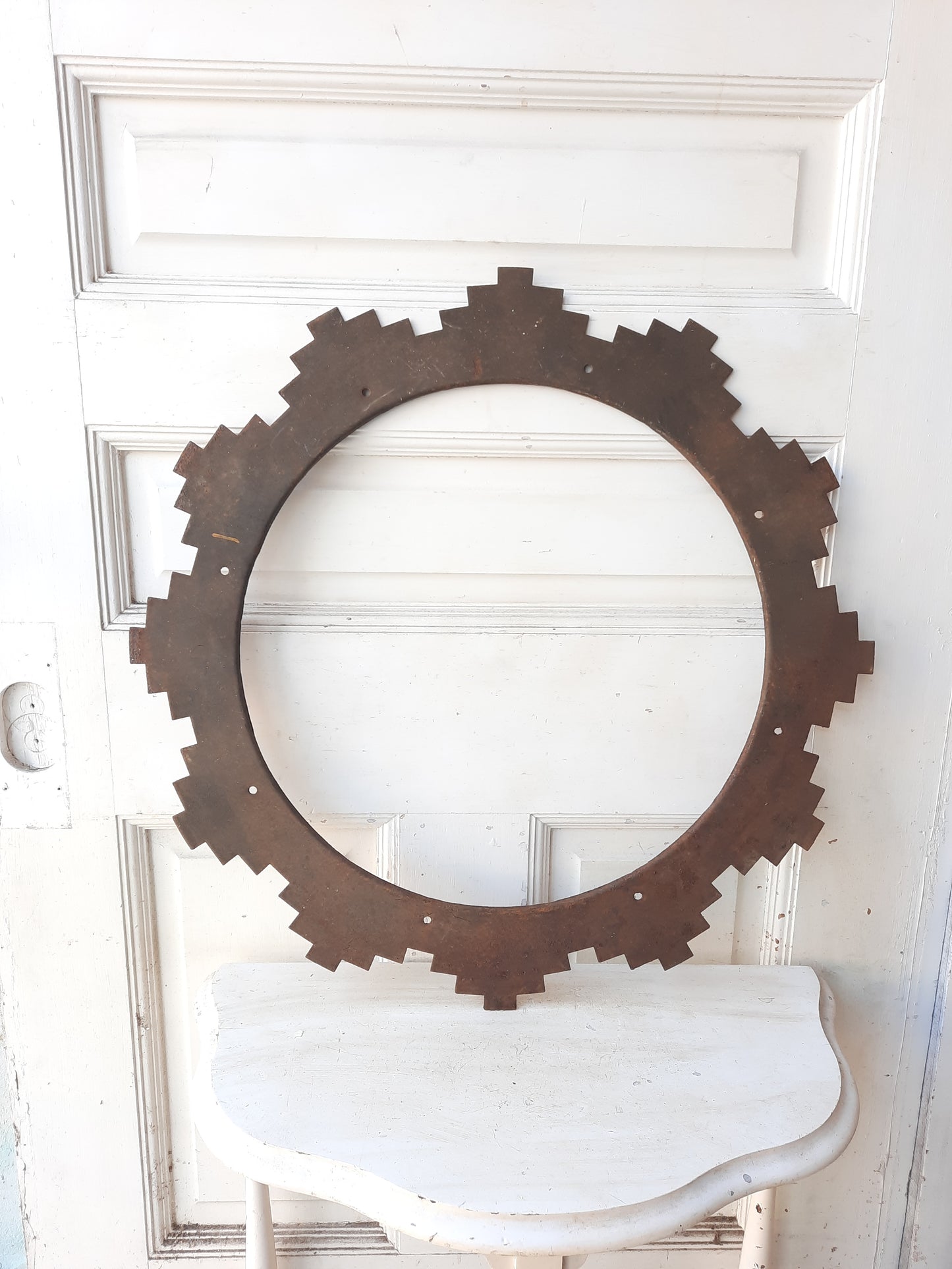 Vintage Stamped Metal Circle Frame, Rustic Geometric Steel Hoop Circular Frame 082909
