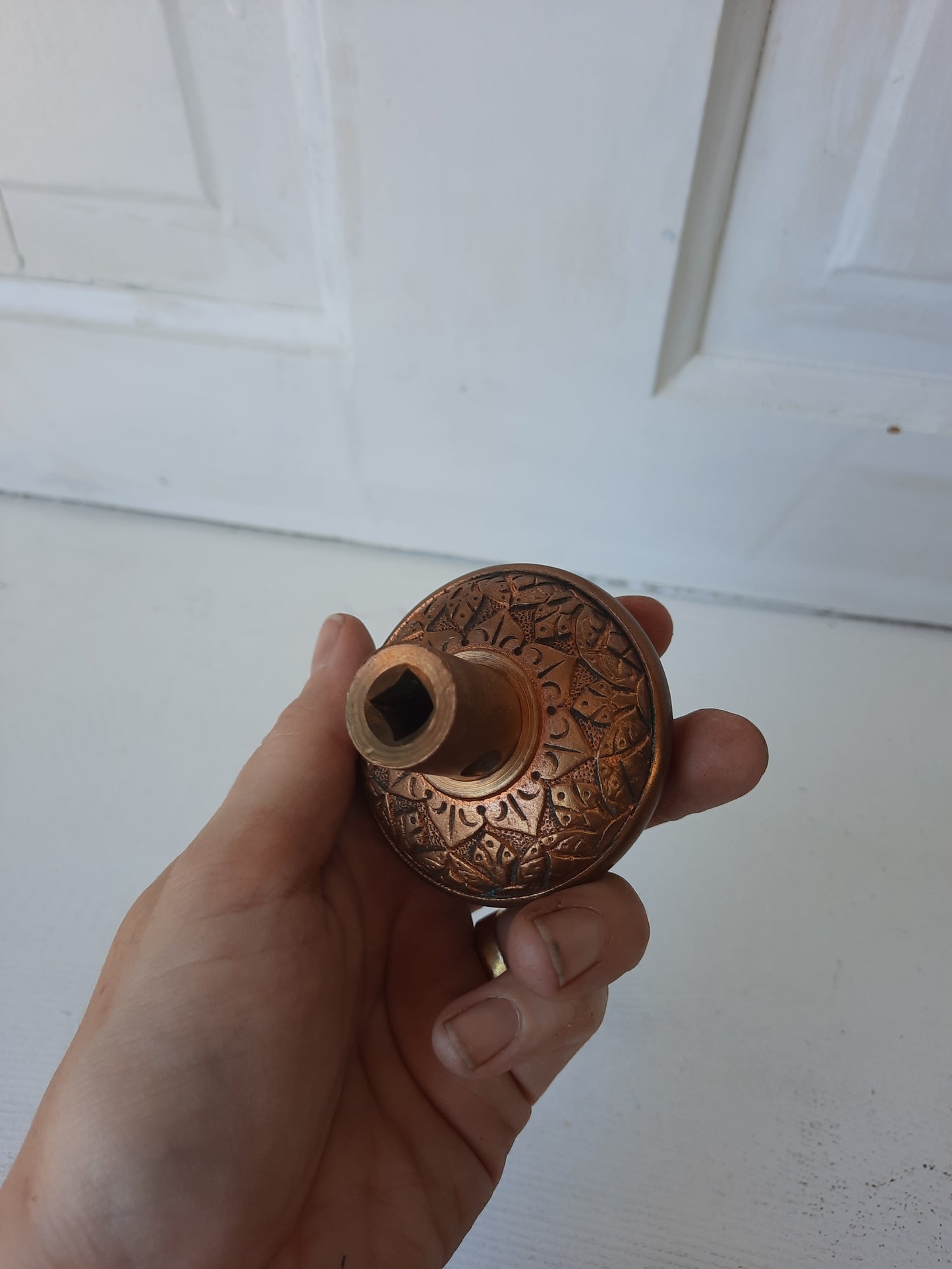 Russell Erwin Bronze Eastlake Flower Doorknob from Victorian Era, Vintage Brass Doorknob, Geometric Design 083112