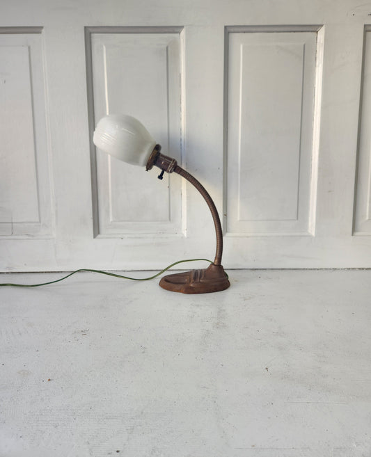 Vintage Iron and Milk Glass Gooseneck Lamp, Vintage Desk Lamp or Task Lamp 090201