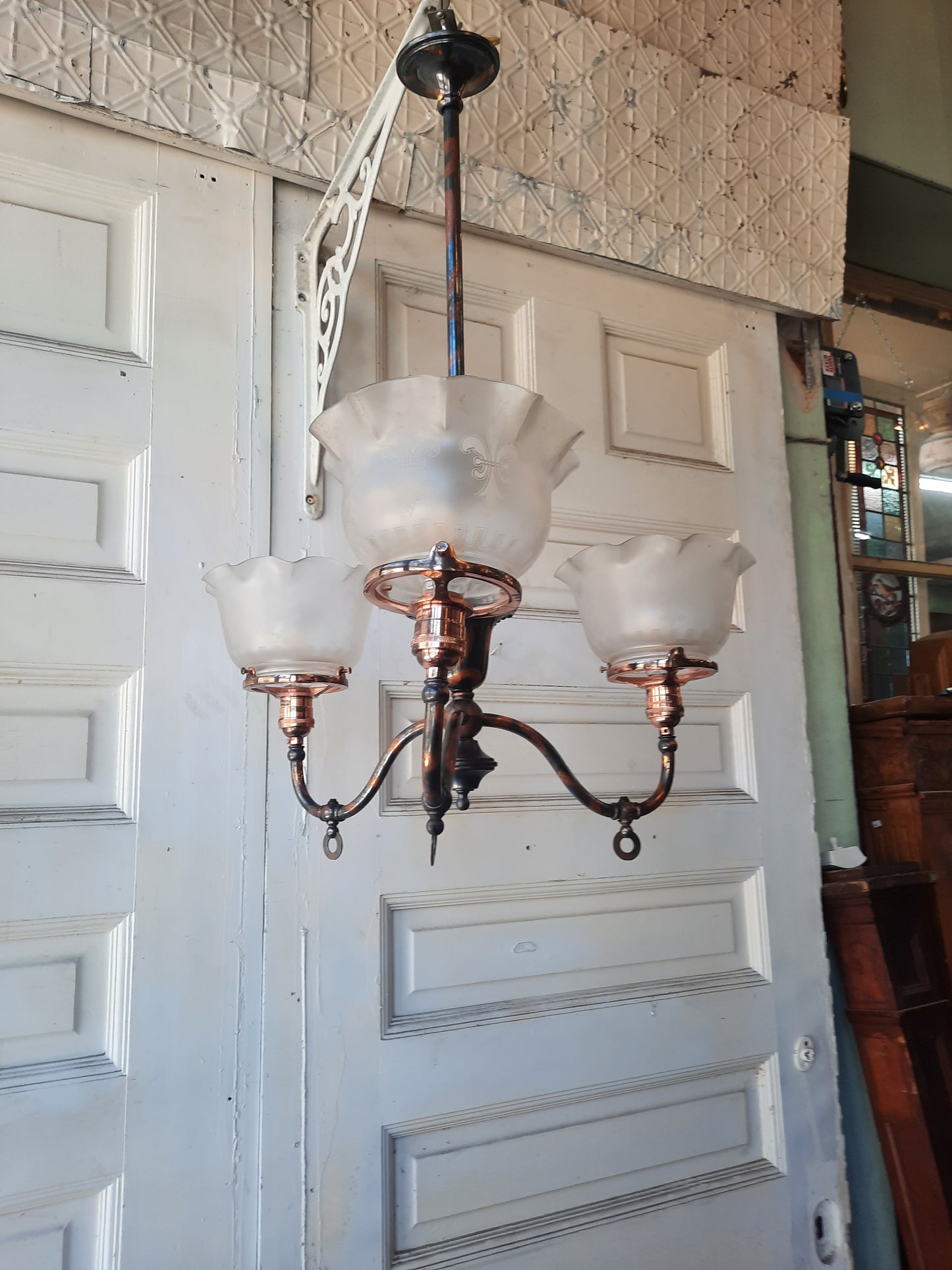Victorian Converted Gas Chandelier with Copper Japanned Finish, Japanned Brass Antique Gas Ceiling Light