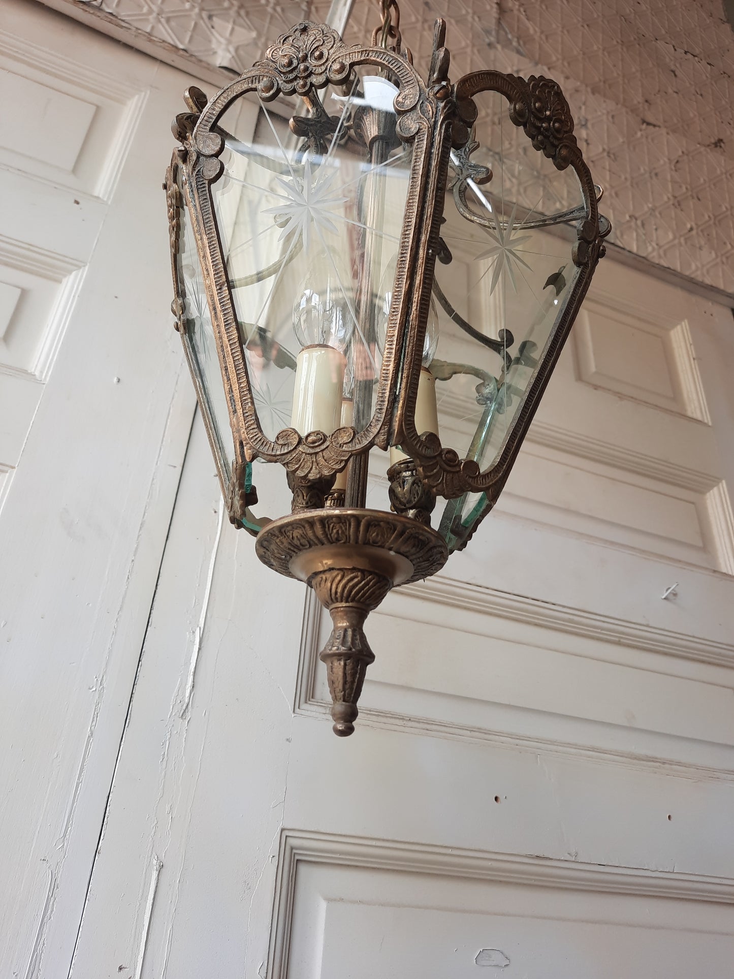 Etched Glass Panel Mid Century Lantern Pendant, Glass and Brass Fancy Pendant Light 090501