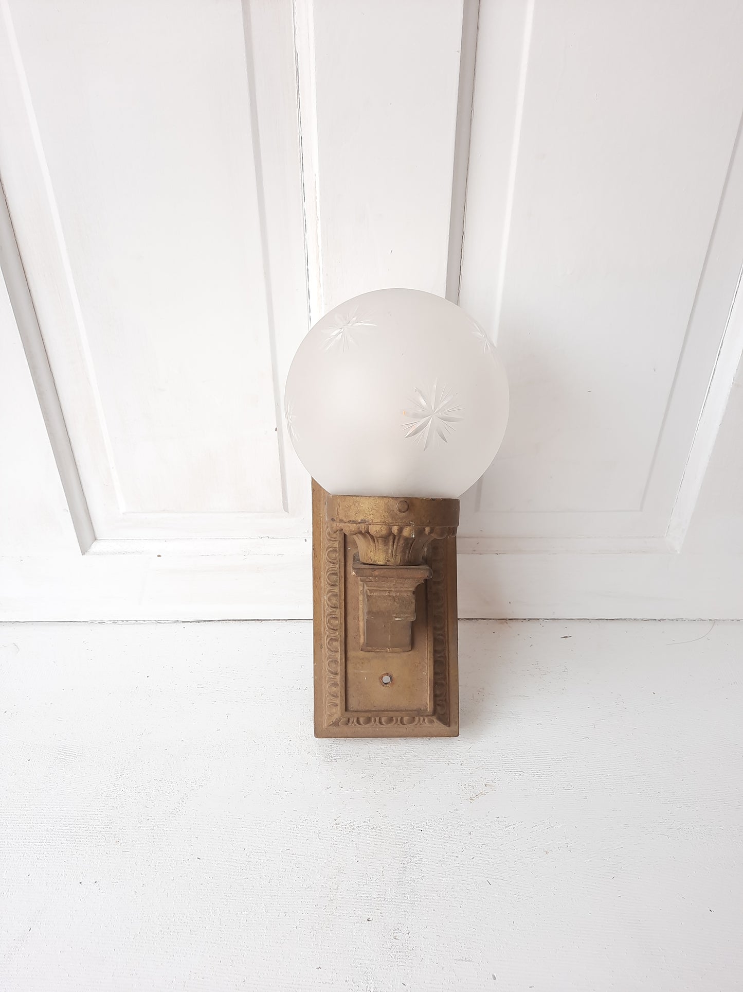 Antique Cast Iron Porch Light Sconce with Cut Glass Globe, Iron Sconce with Glass Shade 090501