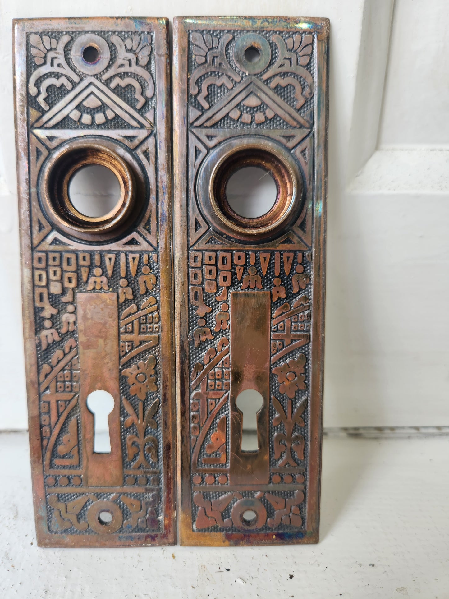 2 Eastlake Brass Backplates, Architectural Salvage, Ceylon Pattern Back Plates, Antique Escutcheons, Ornate Brass #090706