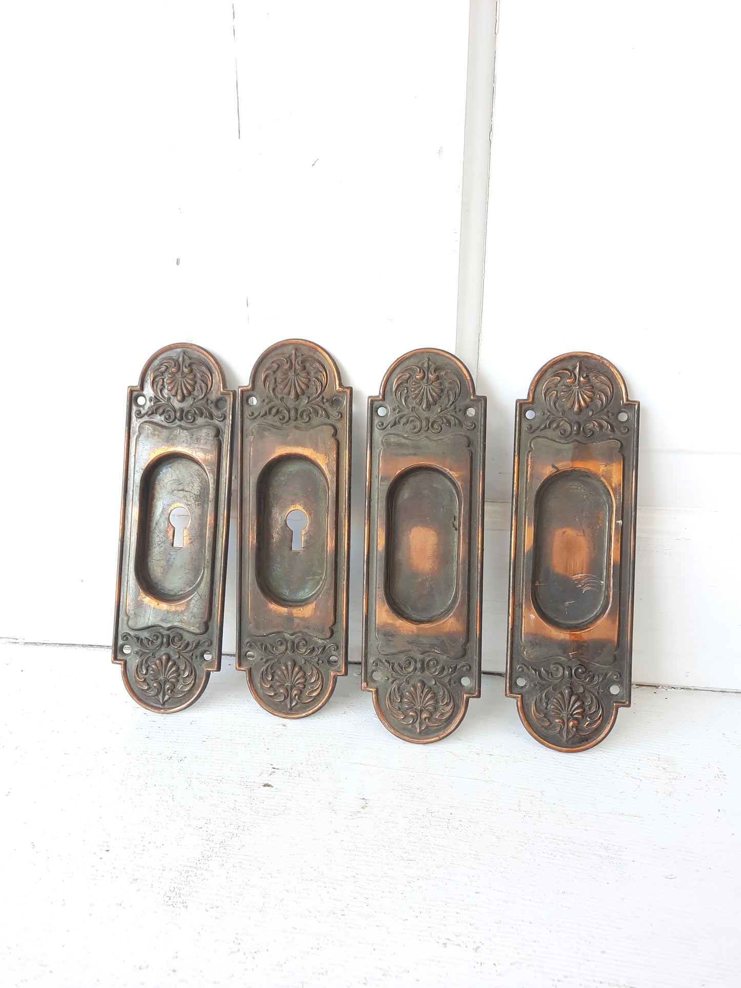 Antique Double Pocket Door Pull Set, Copper and Brass Recessed Sliding Door Handles 091206