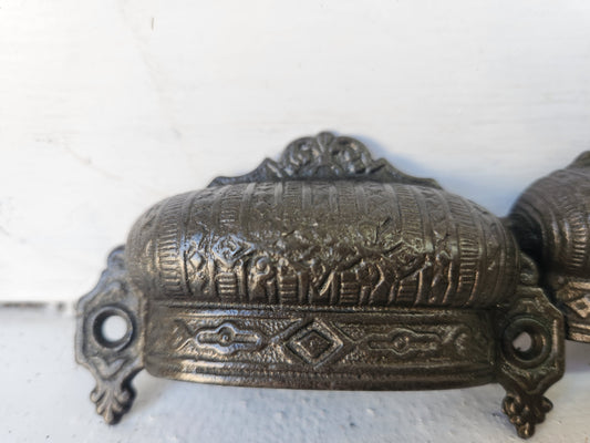 Set of Four Cast Iron Eastlake Handles, Four Antique, Ornate Bin Pulls 091405