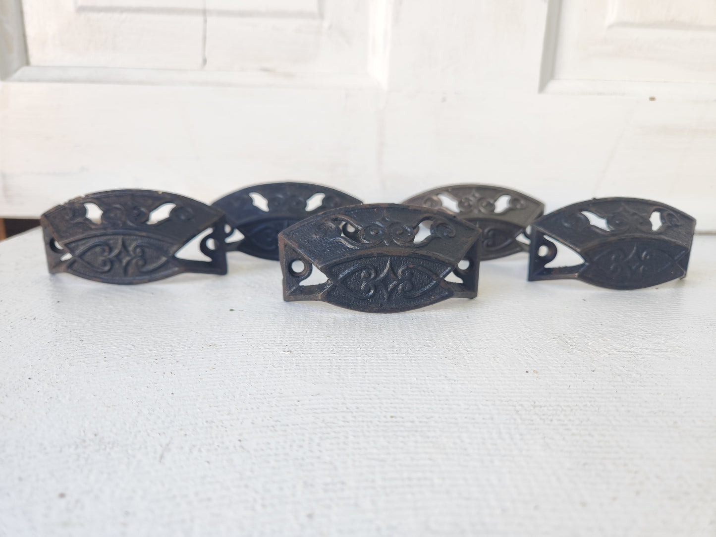 Five Cast Iron Eastlake Handles with Pierced Design, Five Antique Ornate Bin Pulls 091406