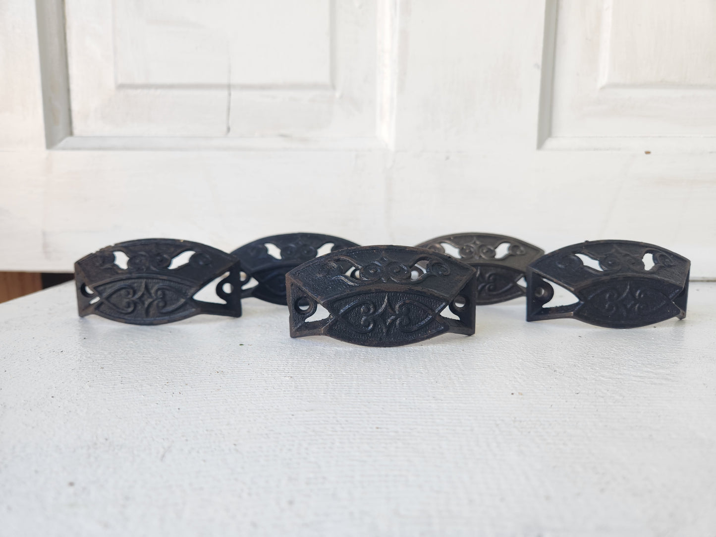 Five Cast Iron Eastlake Handles with Pierced Design, Five Antique Ornate Bin Pulls 091406