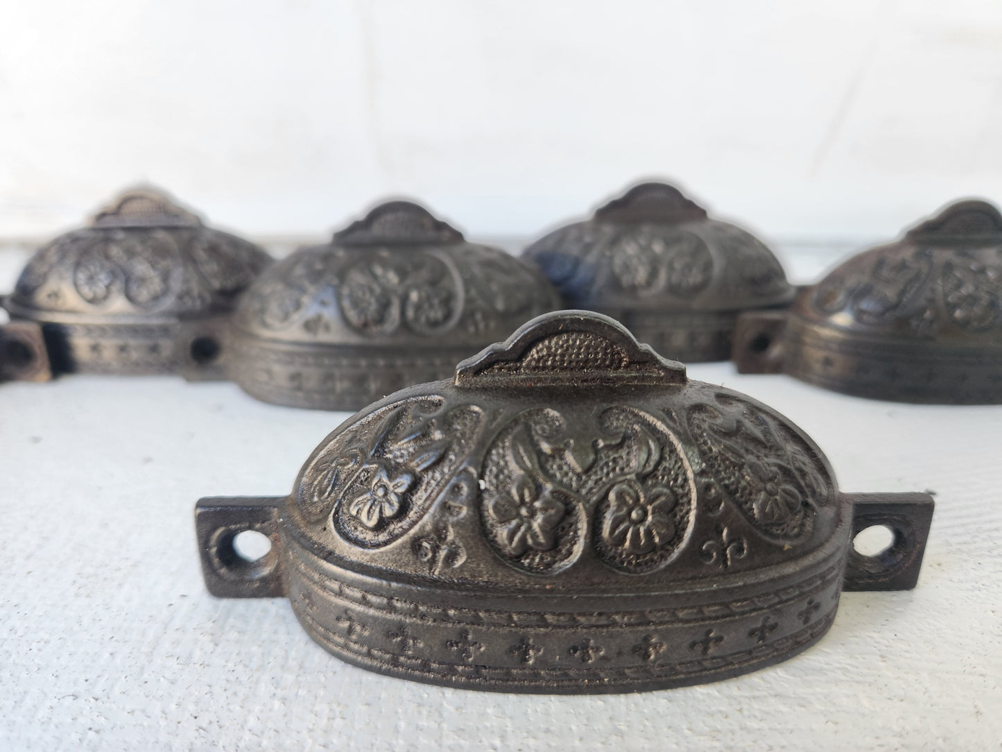 Seven Cast Iron Eastlake Handles with Fancy Design, Seven Antique Ornate Bin Pulls 091407