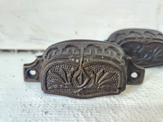 Four Antique Cast Iron Eastlake Handles with Fancy Design, Four Old Ornate Bin Pulls 091409