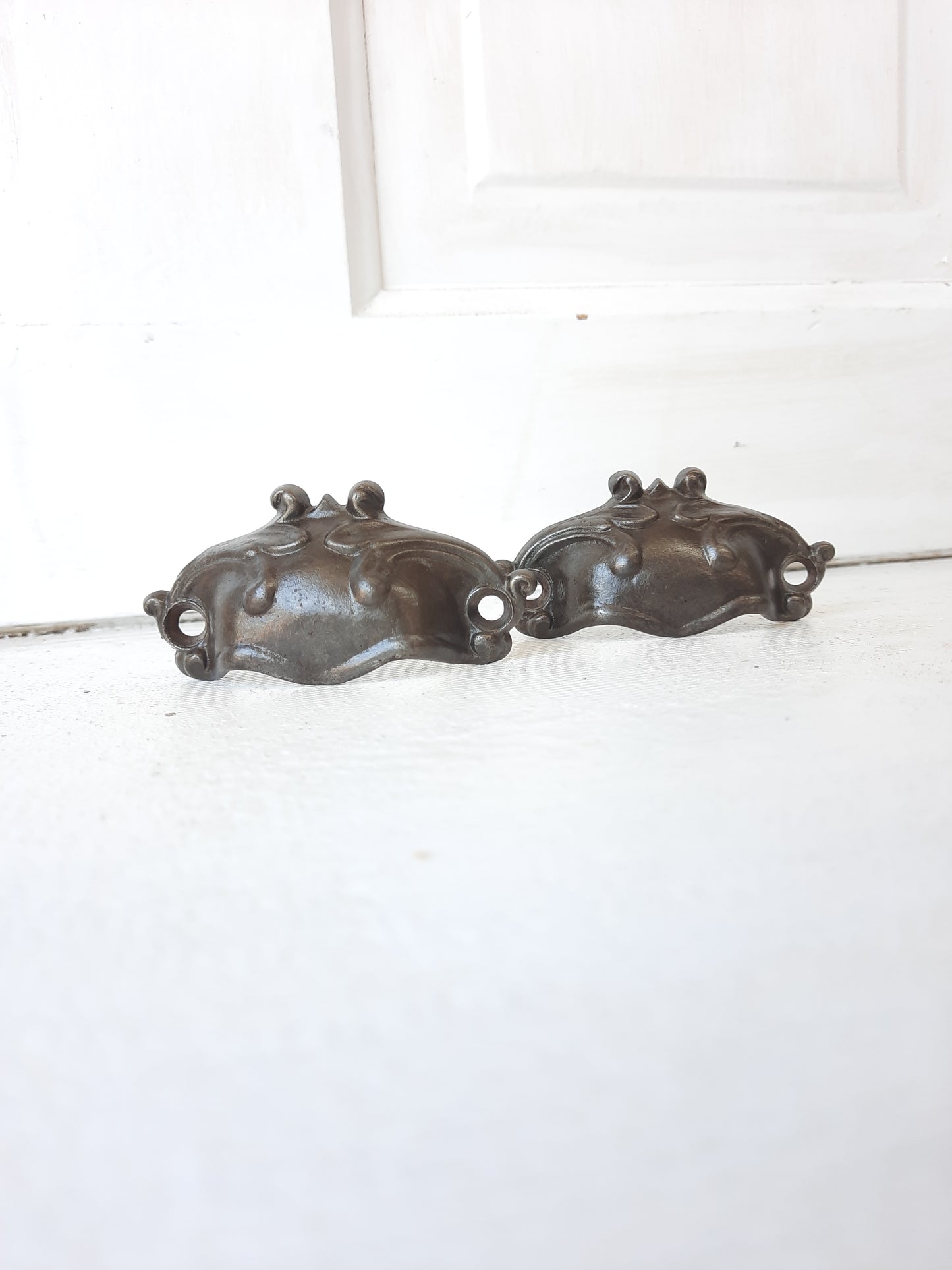 Pair of Antique Bin Pulls, Art Nouveau, Victorian Era Cast Iron Small Drawer Handle 091414