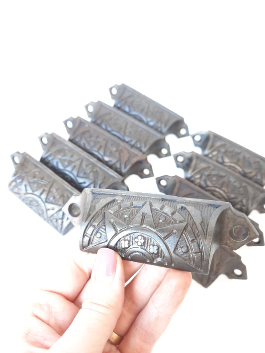 Ten Sunburst Pattern Victorian Cast Iron Bin Pulls, Ornate Hardware, Iron Drawer Pull 091416