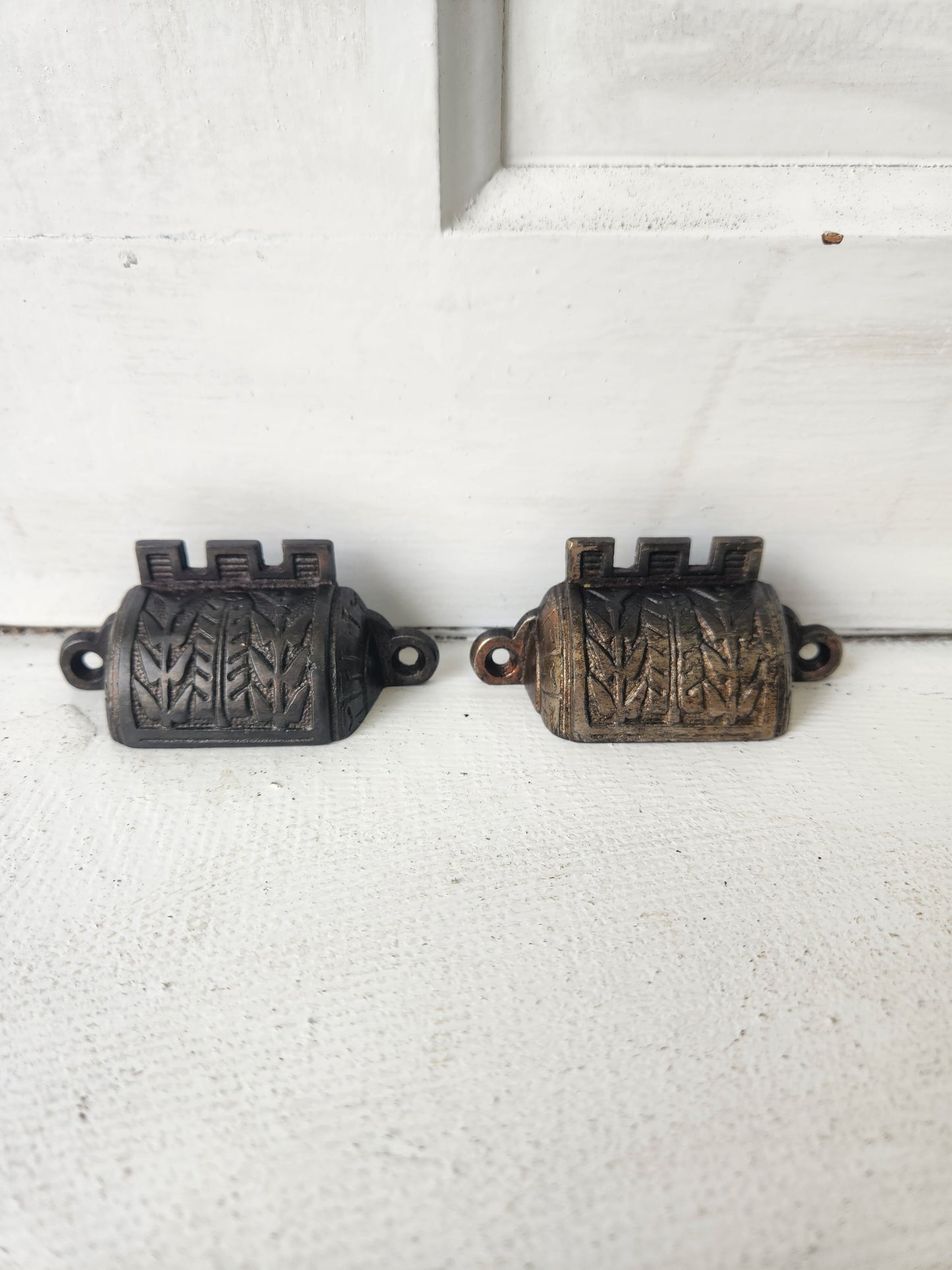 Pair of Antique Bin Pulls, Eastlake, Victorian Era Cast Iron Small Drawer Handle 091602