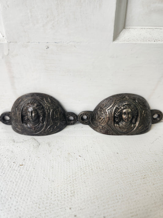 Antique Jenny Lind Iron Drawer Pulls, Antique Cast Iron Furniture Handles with Woman's Face, 091605