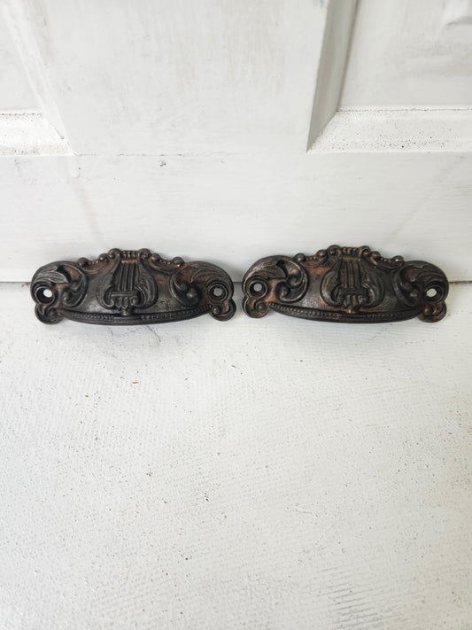 Pair of Antique Art Nouveau Drawer Pulls, Antique Cast Iron Furniture or Apothecary Handles 091608
