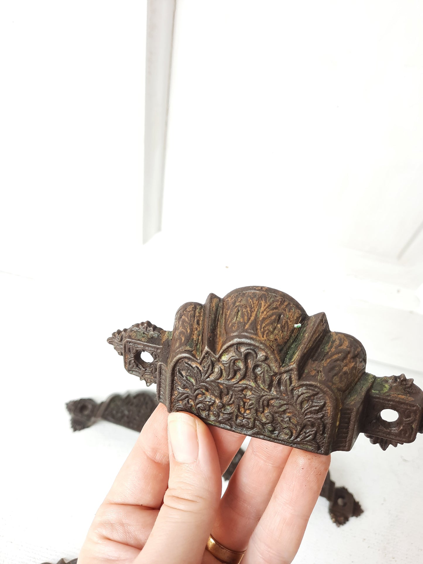 Five Cast Iron Eastlake Handles with Fancy Design, Five Antique Ornate Bin Pulls 091907